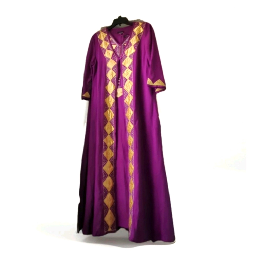 Ashro Flax Blend Maxi Sheath Dress & Duster Maxi Gold Embroidery Size 12 India